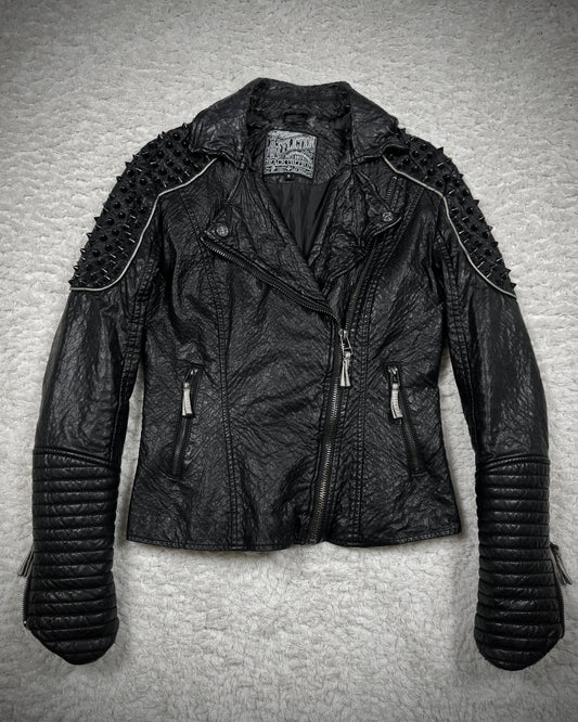 Affliction Spike Studded Metal Badge Leather Jacket