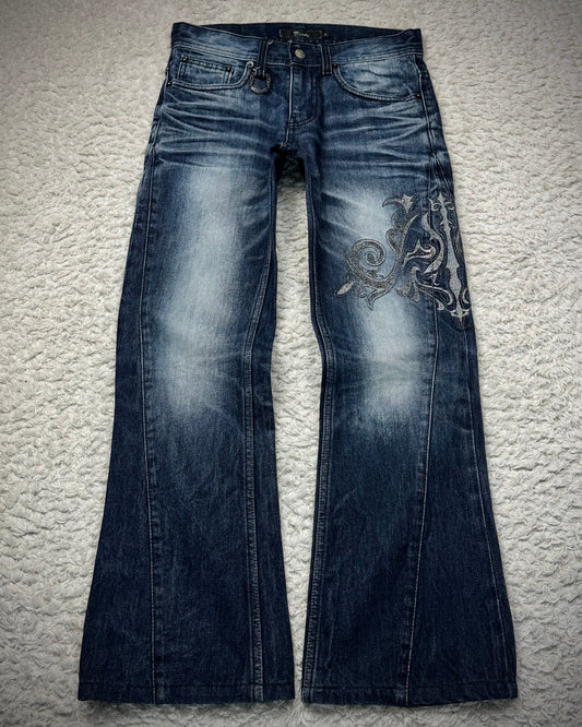 Midas Clawmarks Silver Tribal Embroidery Flared Jeans