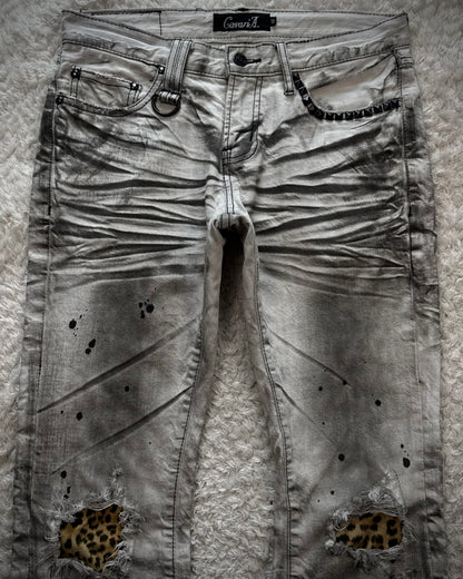CavariA Leopard Repaired Clawmarks Bootcut Jeans