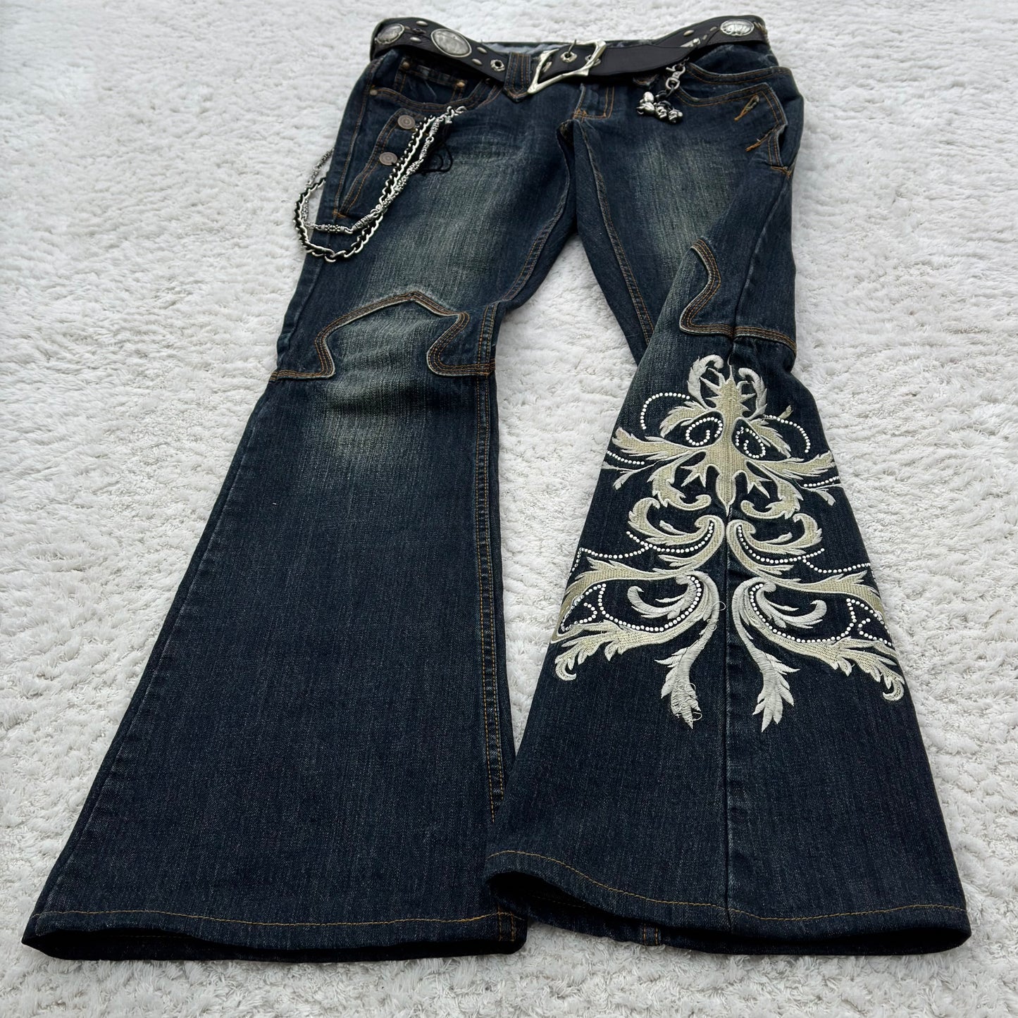 Tornado Mart Tribal Tattoo Embroidery Flared Jeans