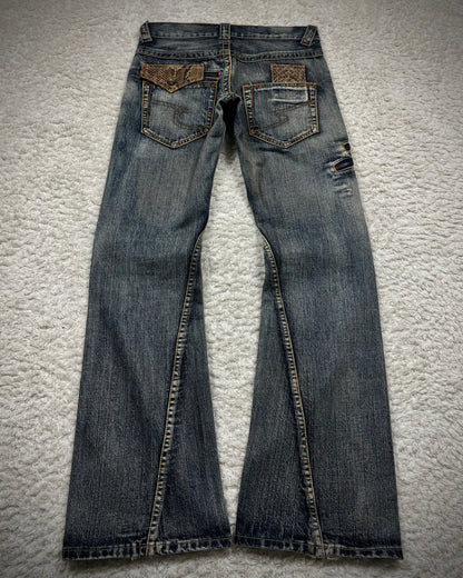 Semantic Design Python Detailed Mud Washed Spiral Flared Jeans