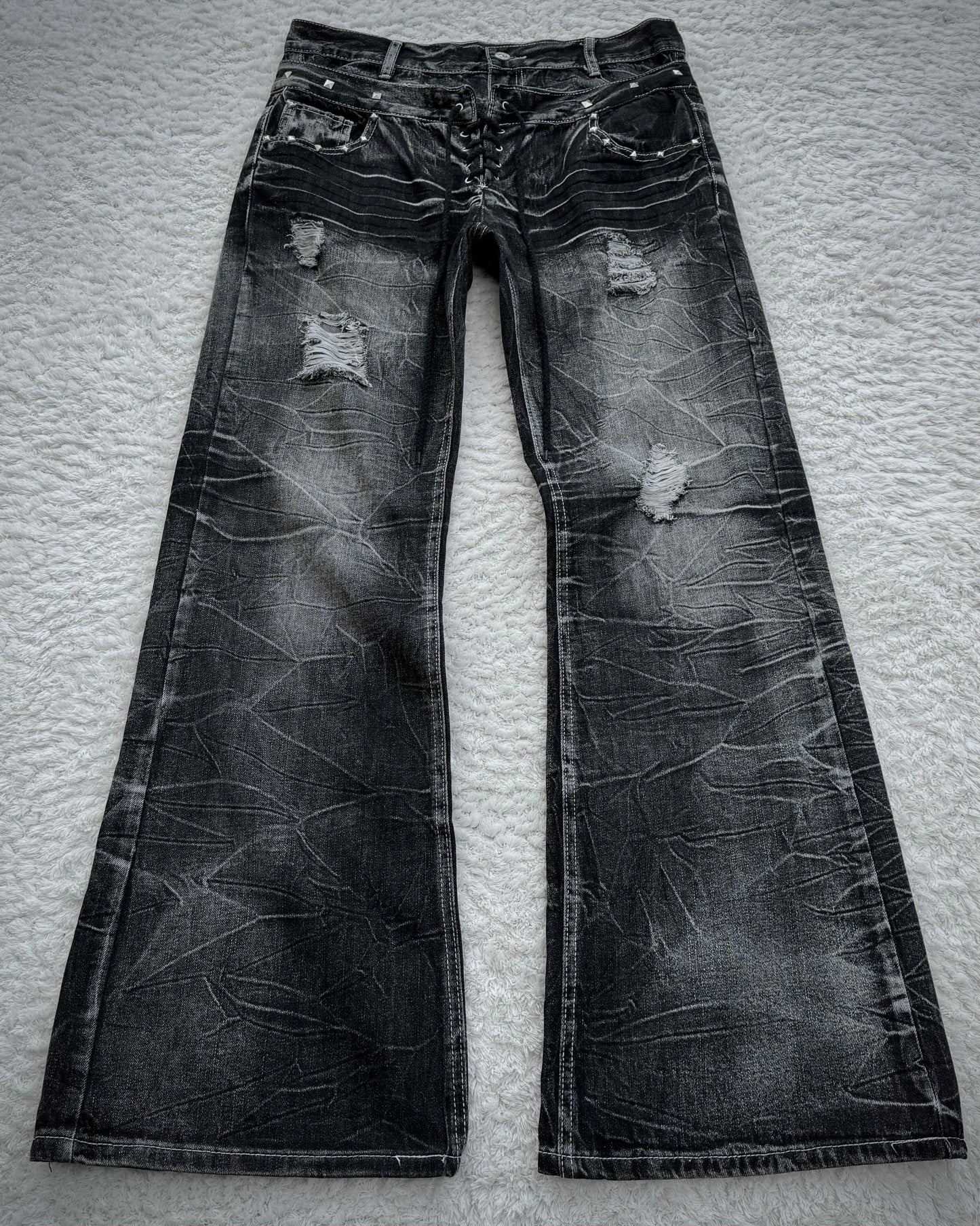 Double Waisted Lace Up Studded Distressed Flared Jeans