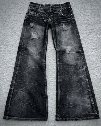 Double Waisted Lace Up Studded Distressed Flared Jeans