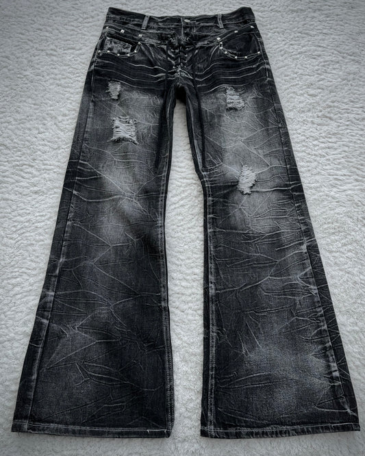 Double Waisted Lace Up Studded Distressed Flared Jeans