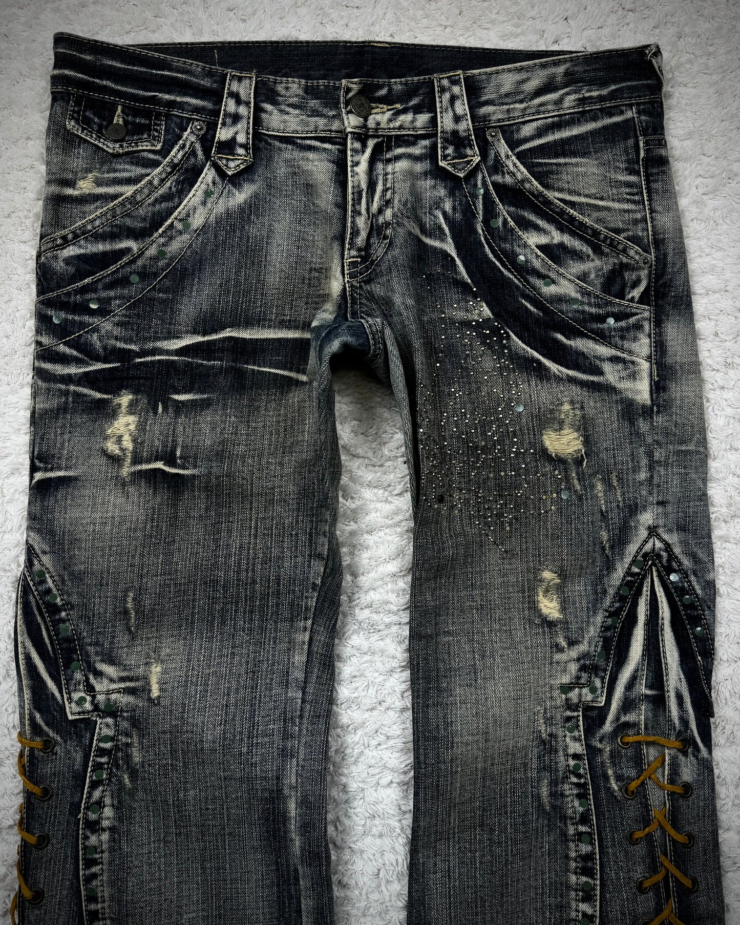 Tornado Mart Crystal Decorated Lace Up Flared Jeans