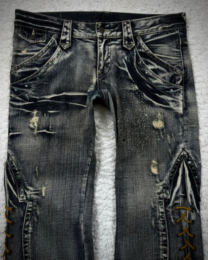Tornado Mart Crystal Decorated Lace Up Flared Jeans