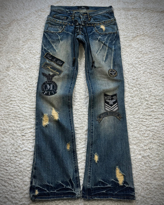 Midas Double Waisted Lace Up Studded Clawmarks Flared Jeans