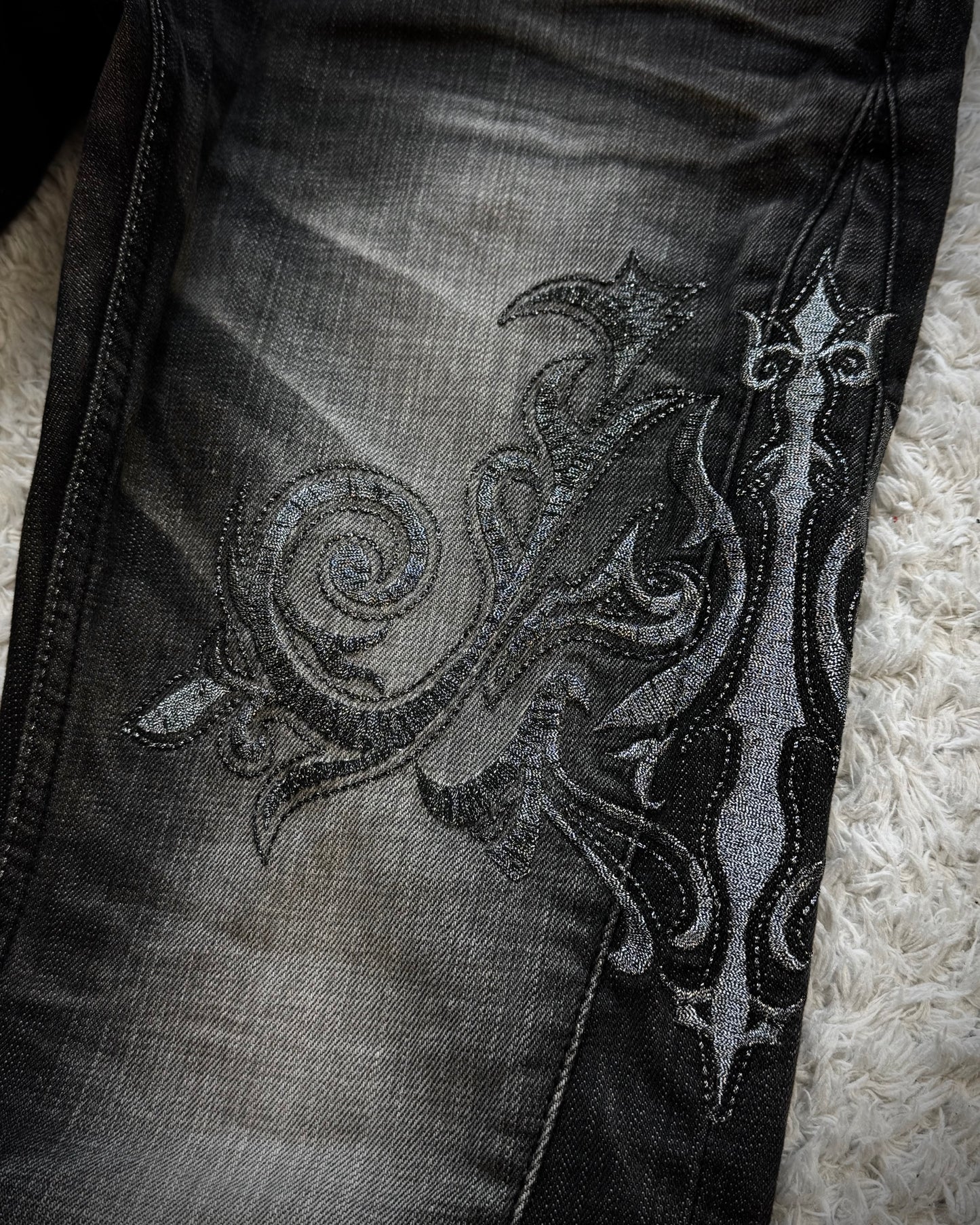 Midas Metallic Tribal Embroidery Spiral Flared Jeans