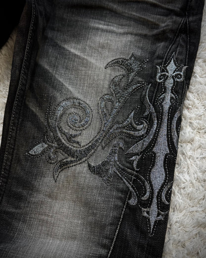 Midas Metallic Tribal Embroidery Spiral Flared Jeans