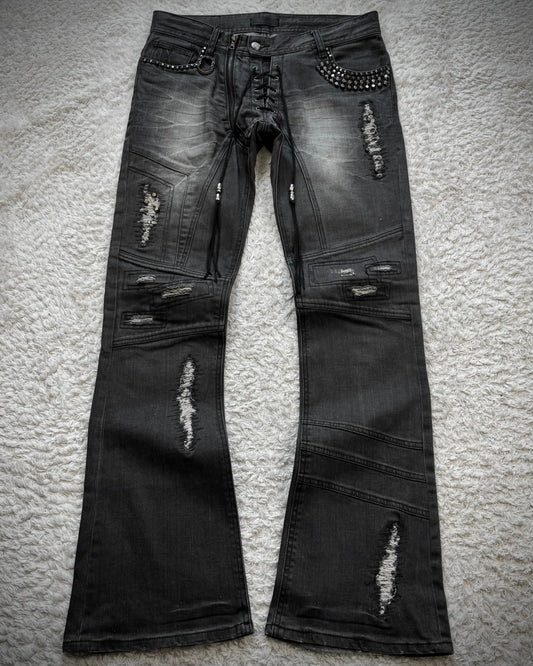 Midas Lace Up Studded Distressing Flared Jeans
