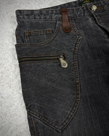 Obelisk Vintage Leather Pocket Flared Jeans