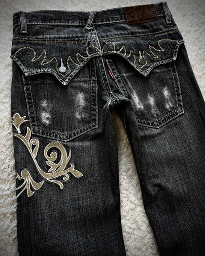 Tornado Mart Tribal Embroidery Spiral Flared Jeans