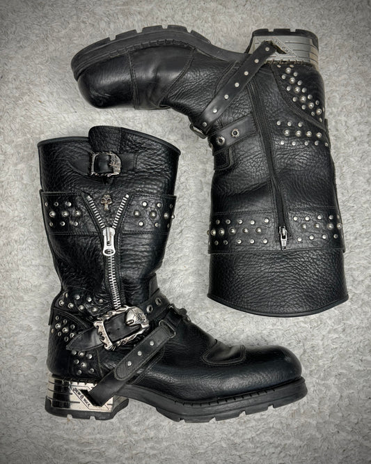 New Rock Steel Heel Studded Belted Leather Boots