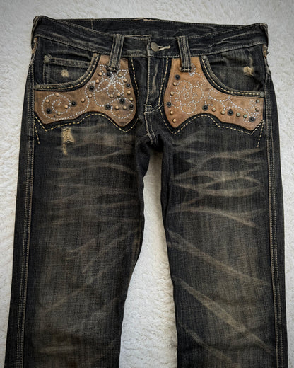 Tornado Mart Western Studded Leather Panels Flared Jeans