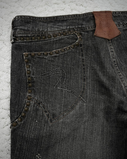 Obelisk Studded Distressed Design Flared Jeans