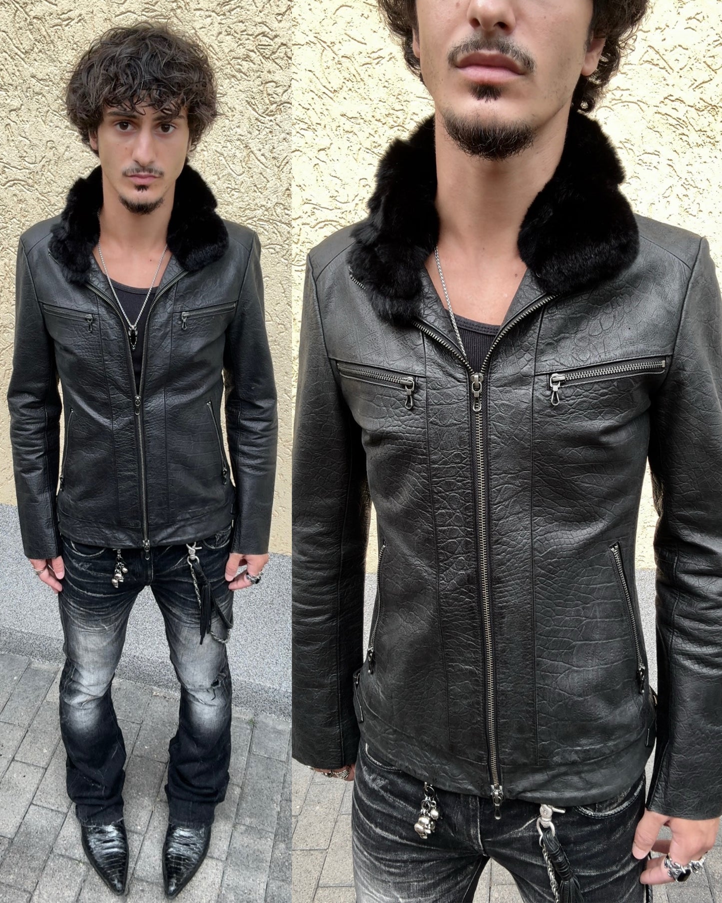 Tornado Mart Crocodile Textured Leather Fur Jacket