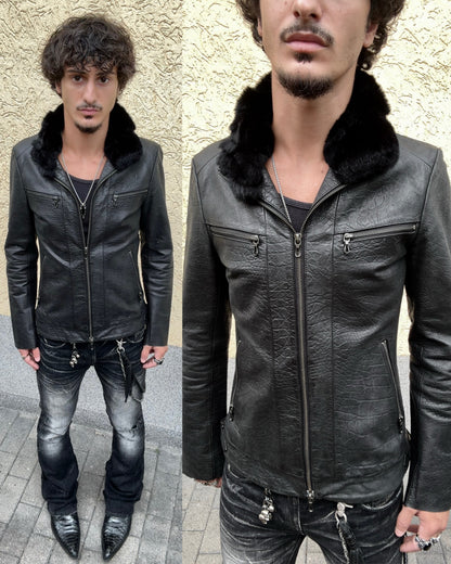 Tornado Mart Crocodile Textured Leather Fur Jacket