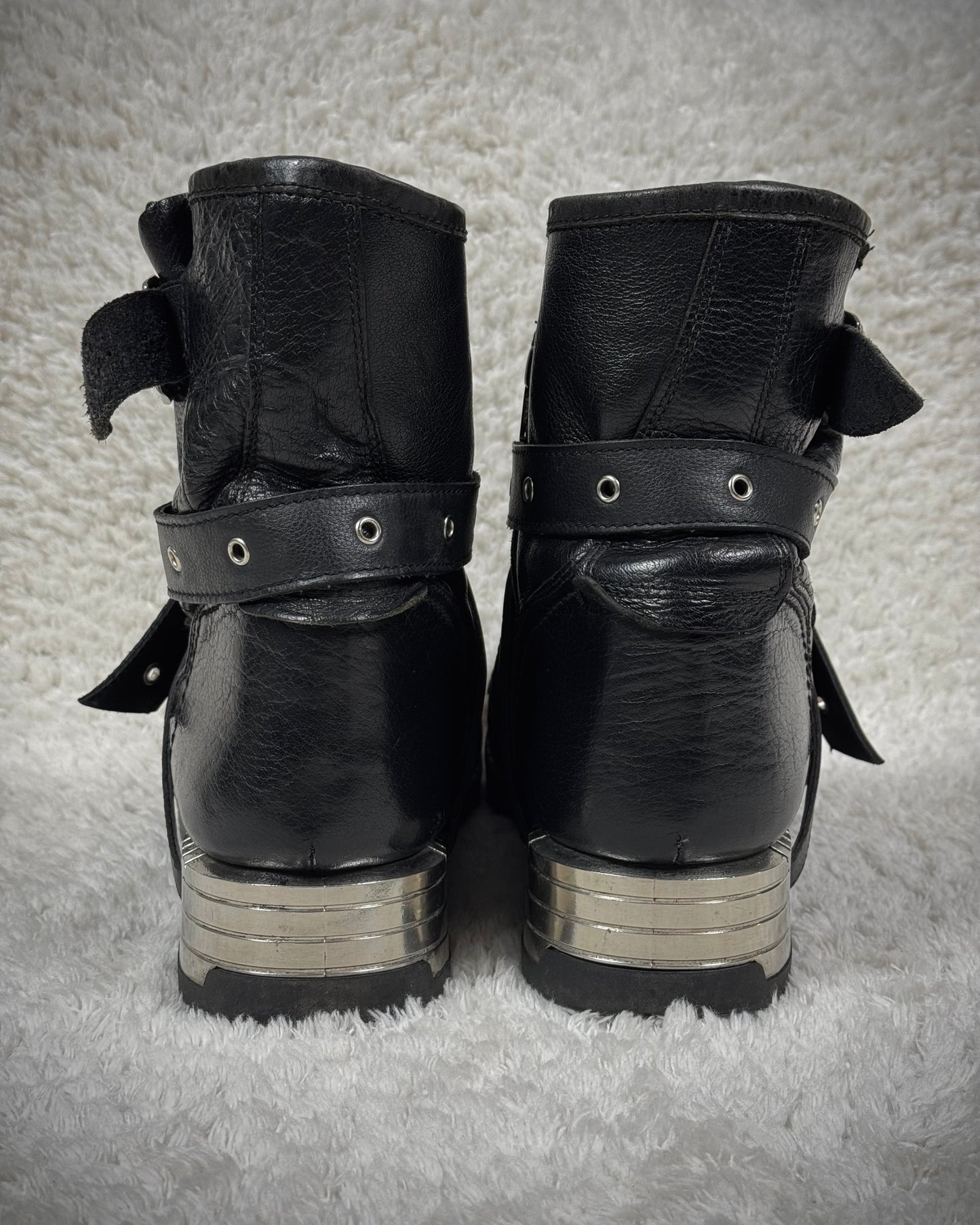 New Rock Belted Steel Heel Leather Boots