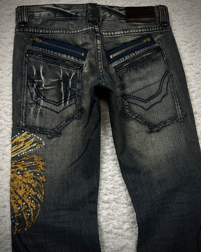 Tornado Mart Tribe Skull Embroidery Flared Jeans