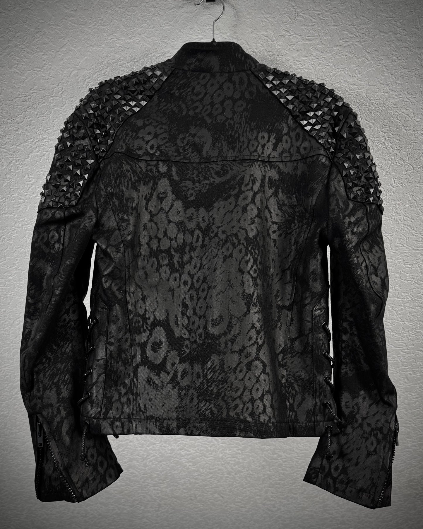 By The R Leopard Waxed Studded Lace Up Biker Jacket