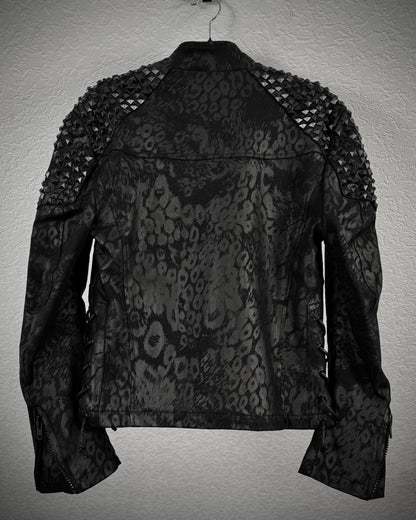 By The R Leopard Waxed Studded Lace Up Biker Jacket