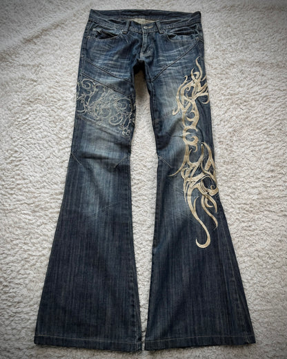 Tornado Mart Tribal Embroidery Bell Bottom Flared Jeans