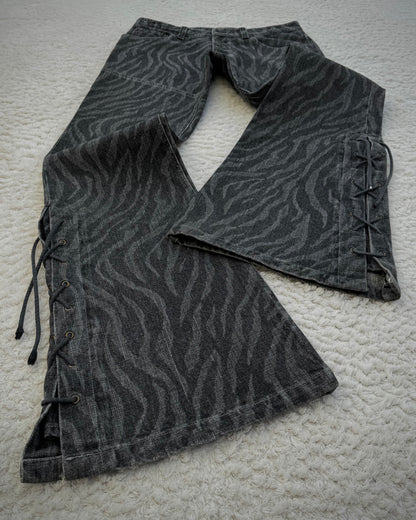 Tornado Mart Zebra Pattern Lace Up Flared Jeans