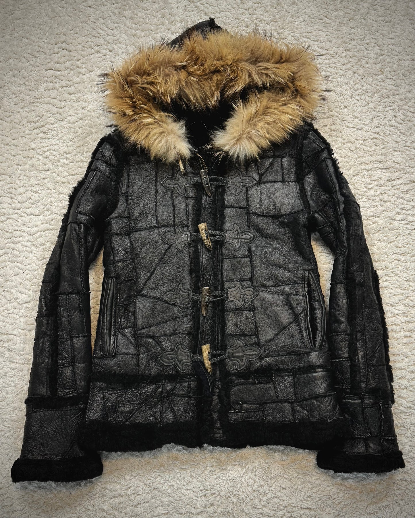 Royal Flash Fur Hood Leather Patchwork Jacket