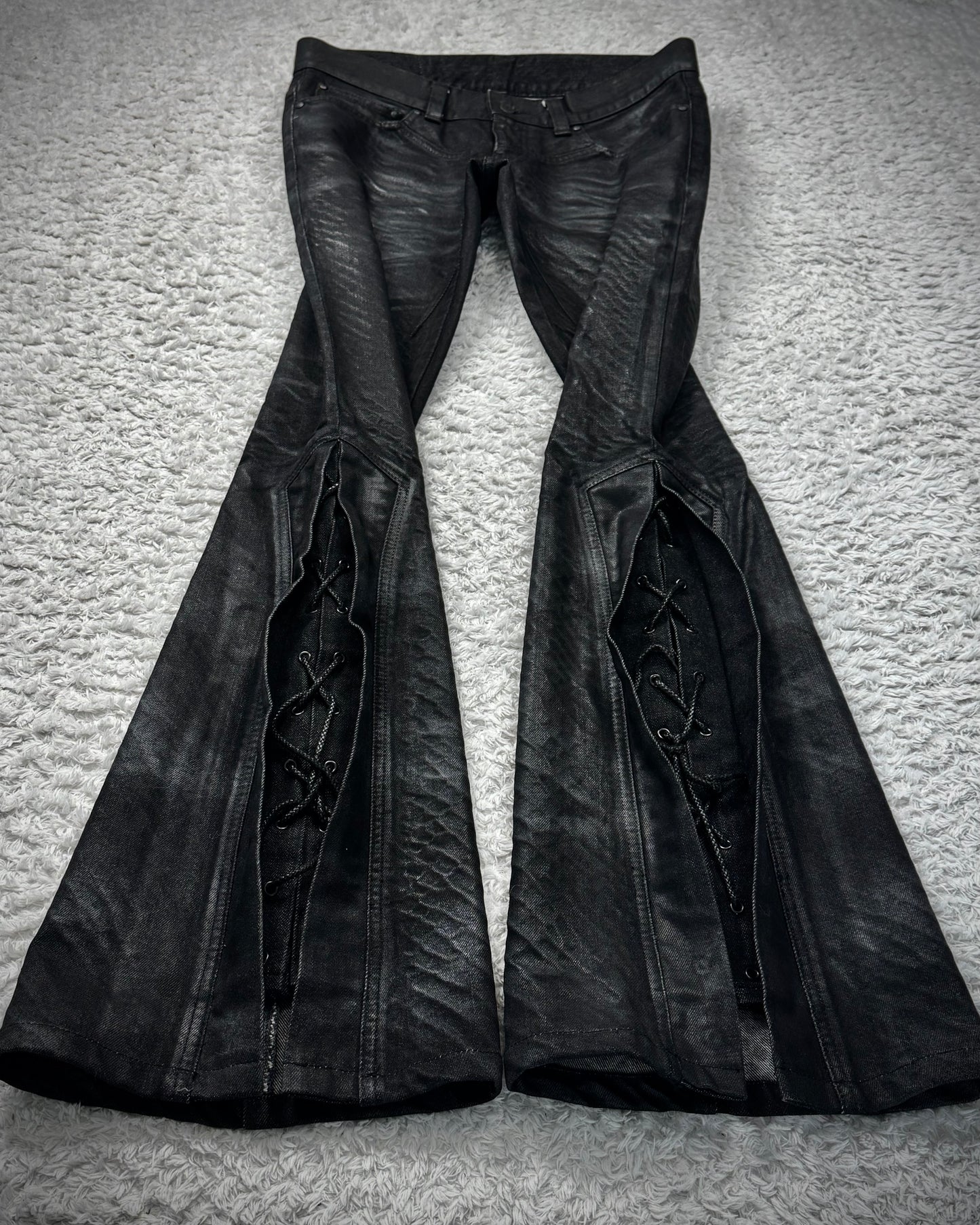 Tornado Mart Oil Coated Python Pattern Lace Up Flared Jeans