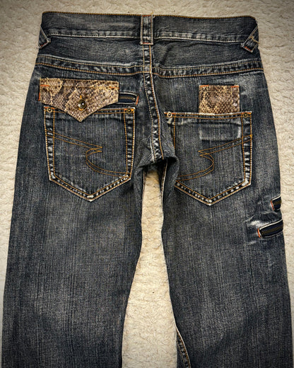 Semantic Design Python Detailed Zippered Spiral Flared Jeans