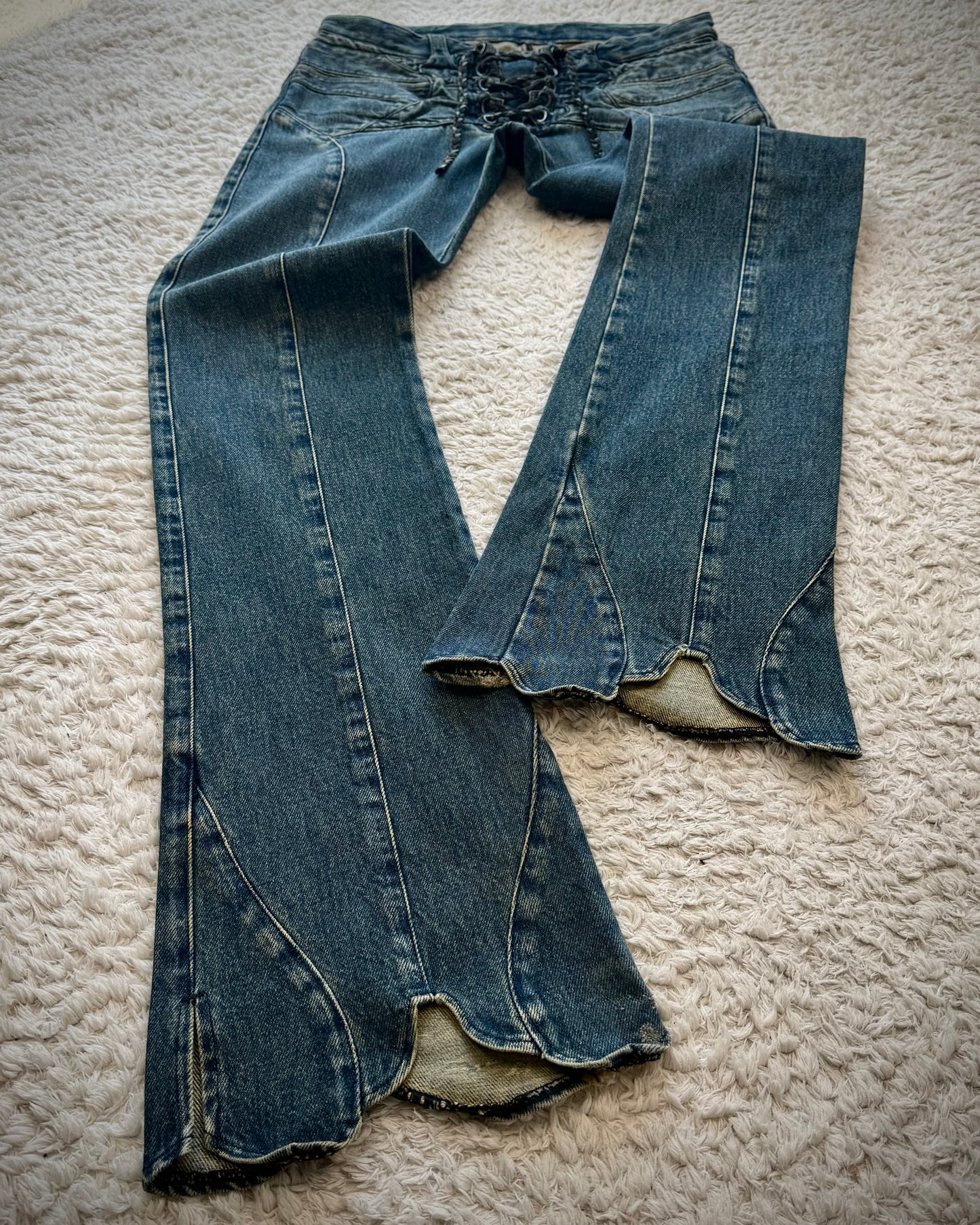 Henry Duarte Sculpted Hem Lace Up Flared Jeans