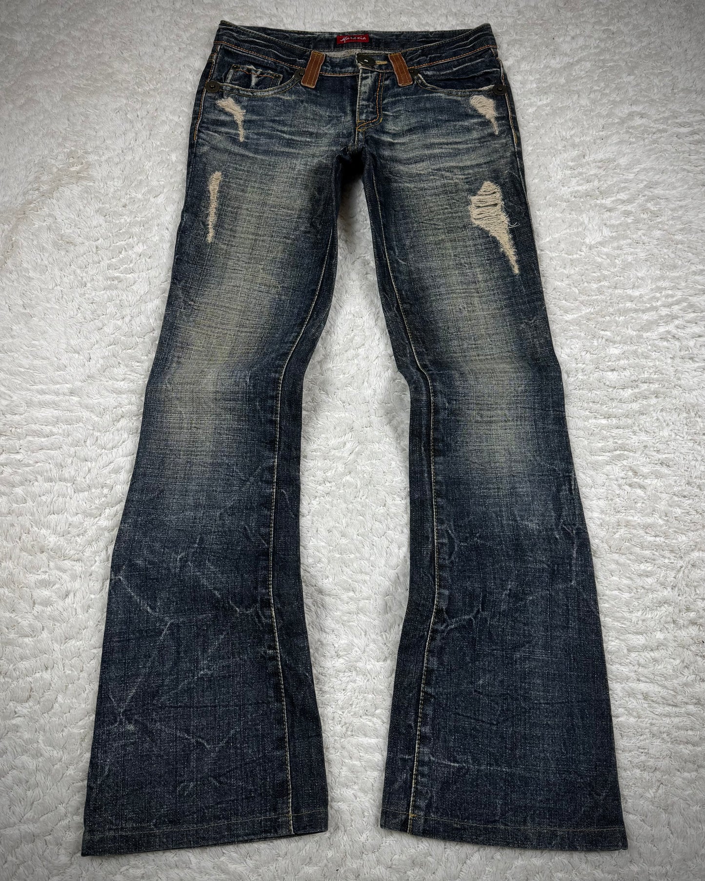 Maraxia Vintage Leather Flap Tassel Pocket Flared Jeans