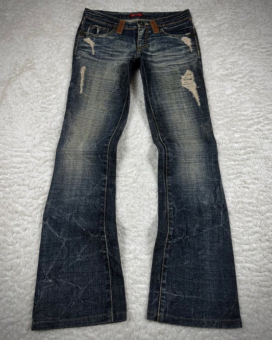 Maraxia Vintage Leather Flap Tassel Pocket Flared Jeans