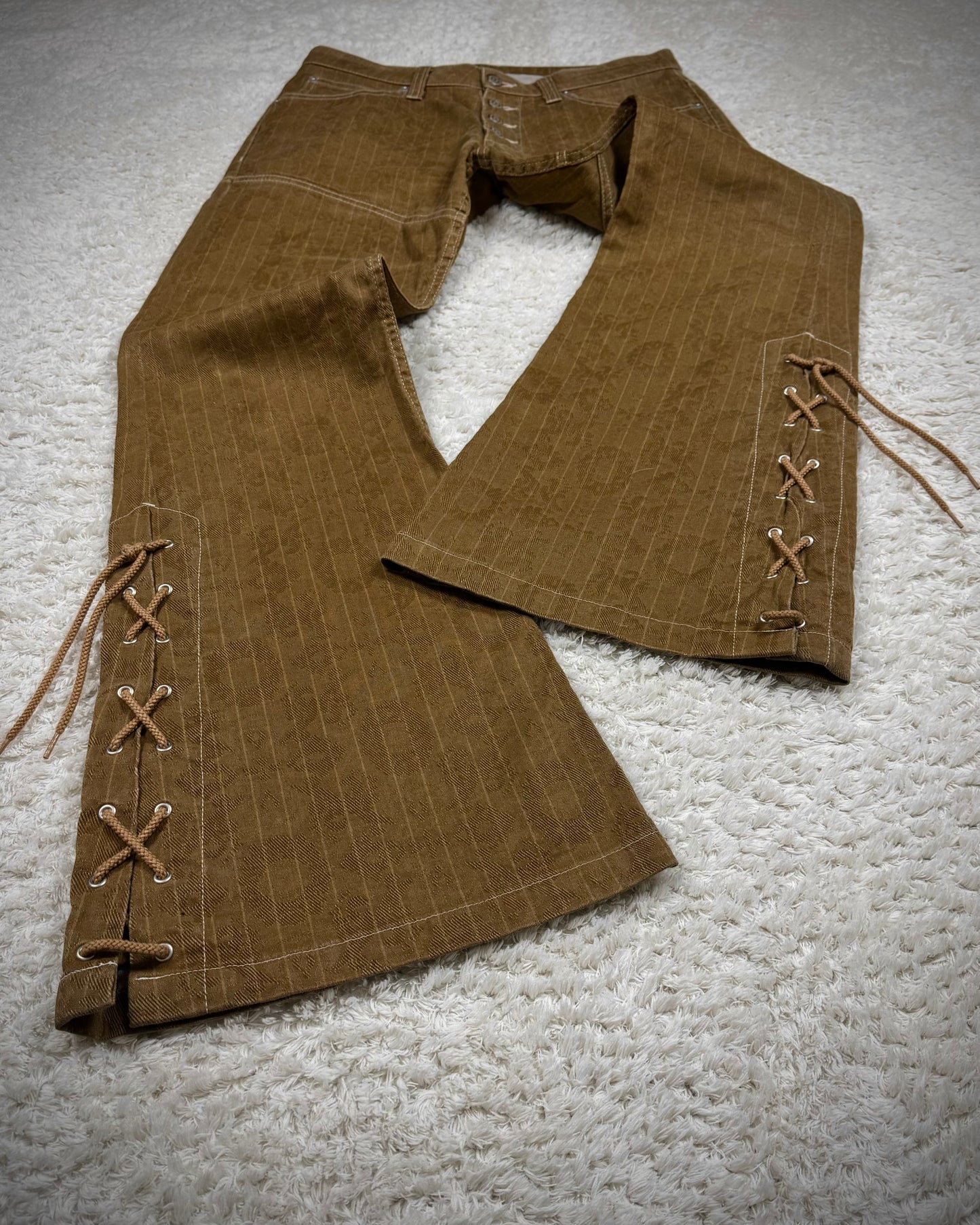 Tornado Mart Vintage Woven Pattern Lace Up Flared Pants