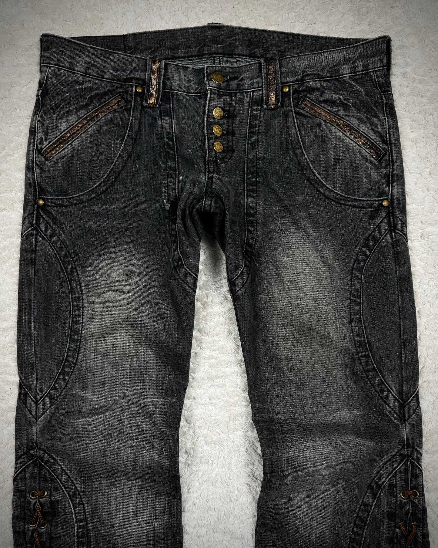 Tornado Mart Python Detailed Mud Washed Lace Up Flared Jeans