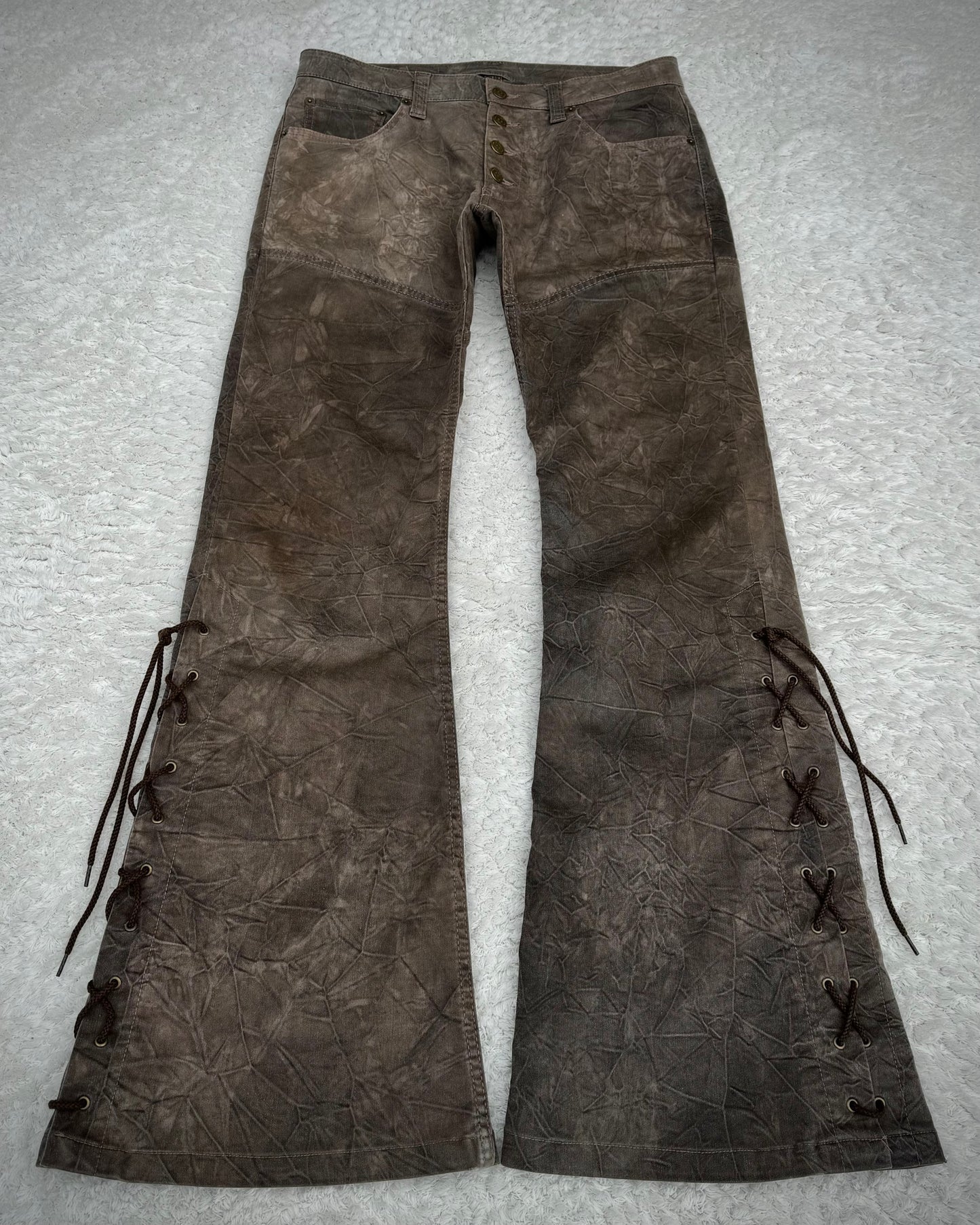 Tornado Mart Wood Textured Lace Up Flared Pants