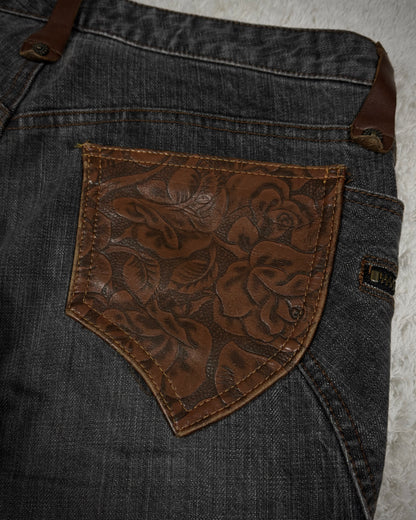 Obelisk Vintage Leather Pocket Flared Jeans