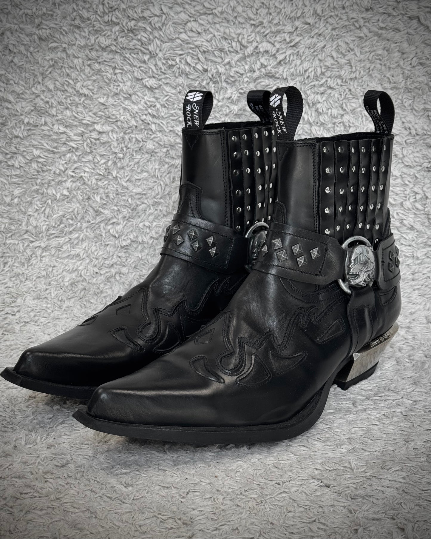 New Rock Studded Steel Heel Harness Leather Boots