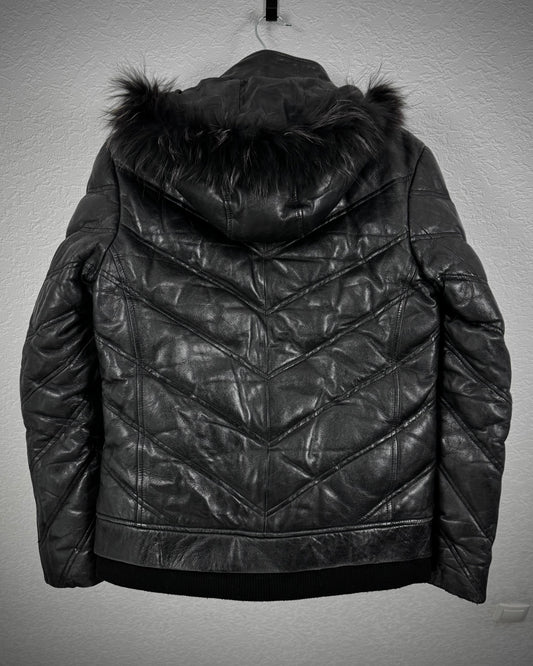 Jack Rose Fur Hooded Leather Puffer Jacket