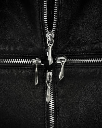 14th Addiction Mouton Fur Cross Zip Leather Jacket