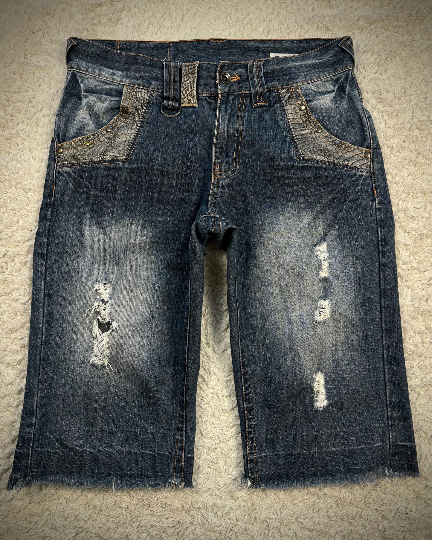 Semantic Design Crocodile Detailed Vintage Denim Shorts