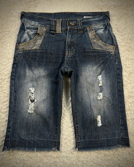 Semantic Design Crocodile Detailed Vintage Denim Shorts