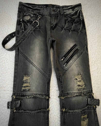 Black Baccara Belted Straps Zippered Flared Jeans