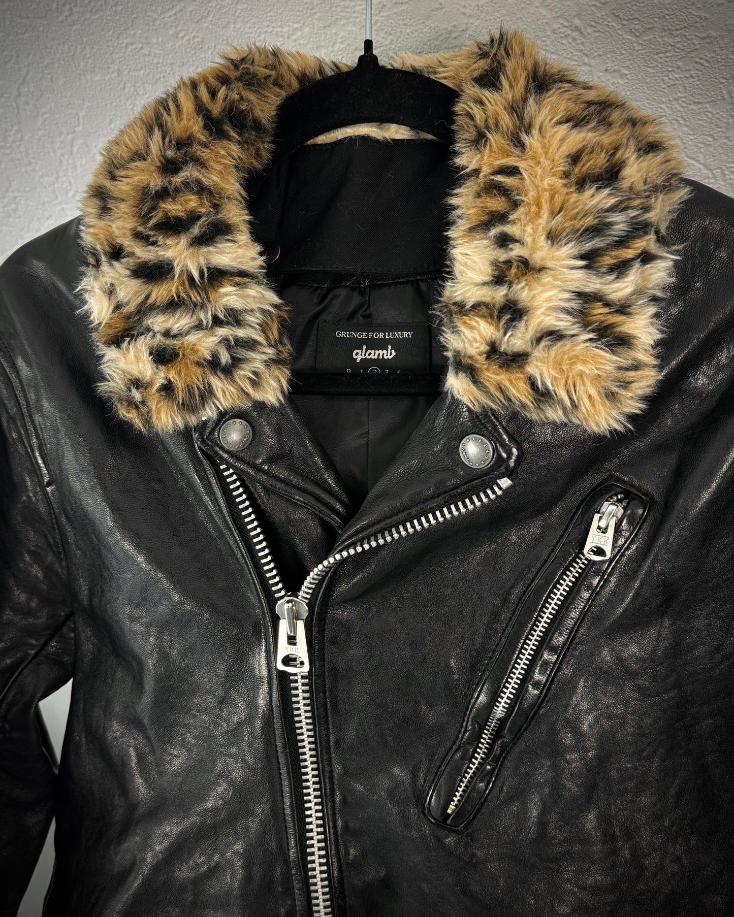 Glamb Leopard Fur Collar Leather Biker Jacket