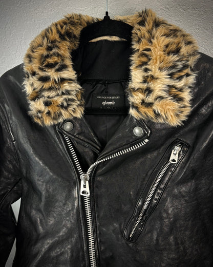Glamb Leopard Fur Collar Leather Biker Jacket