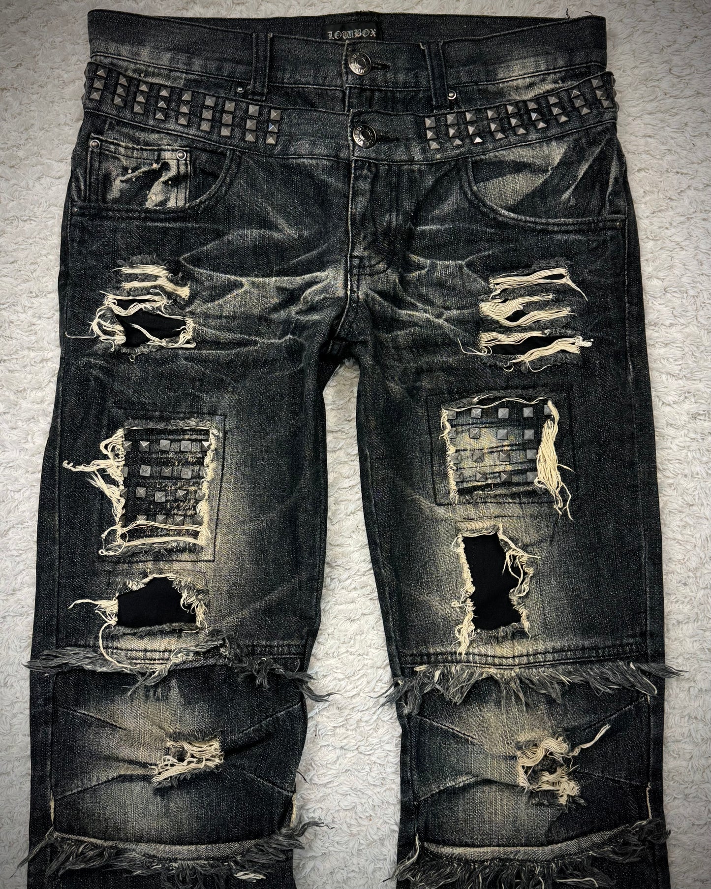 Lowbox Double Waisted Studded Repaired Flared Jeans