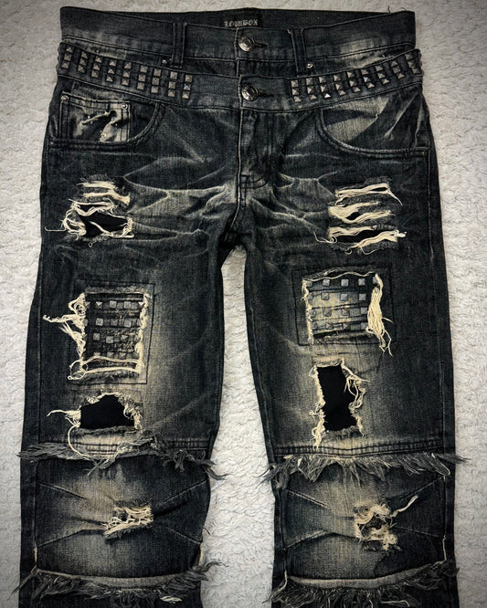 Lowbox Double Waisted Studded Repaired Flared Jeans