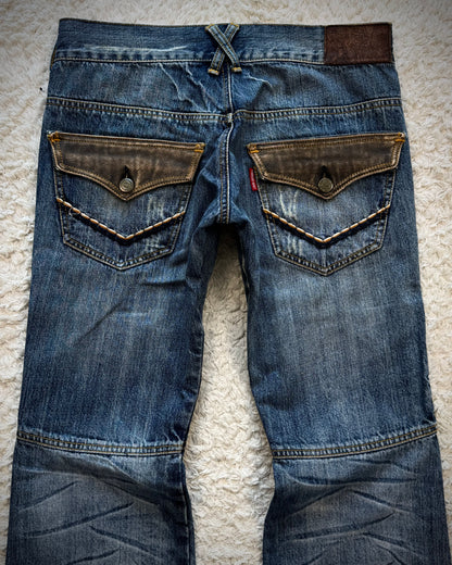 Tornado Mart Leather Flap Pocket Sword Knee Flared Jeans