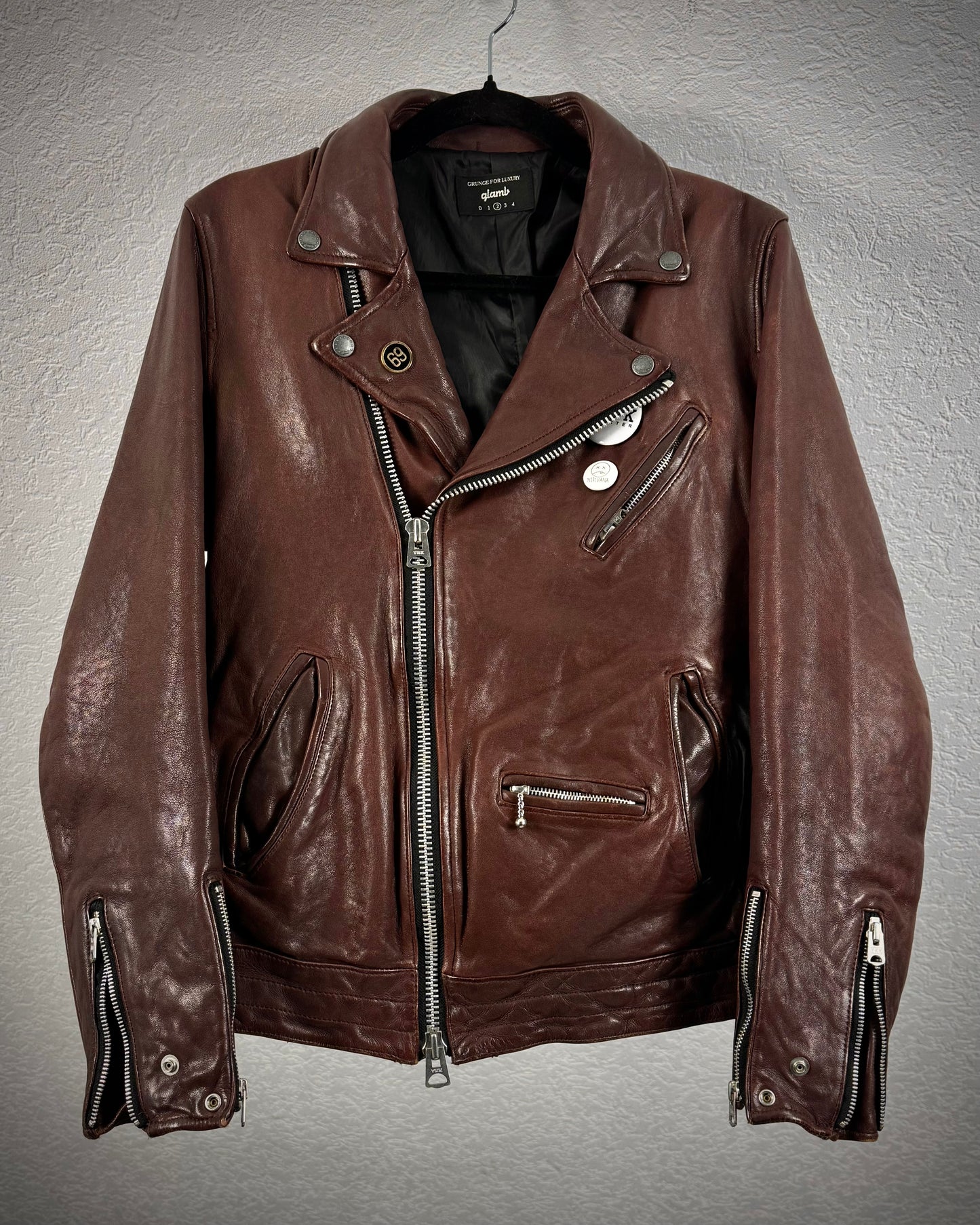 Glamb Oxblood Pinned Leather Biker Jacket