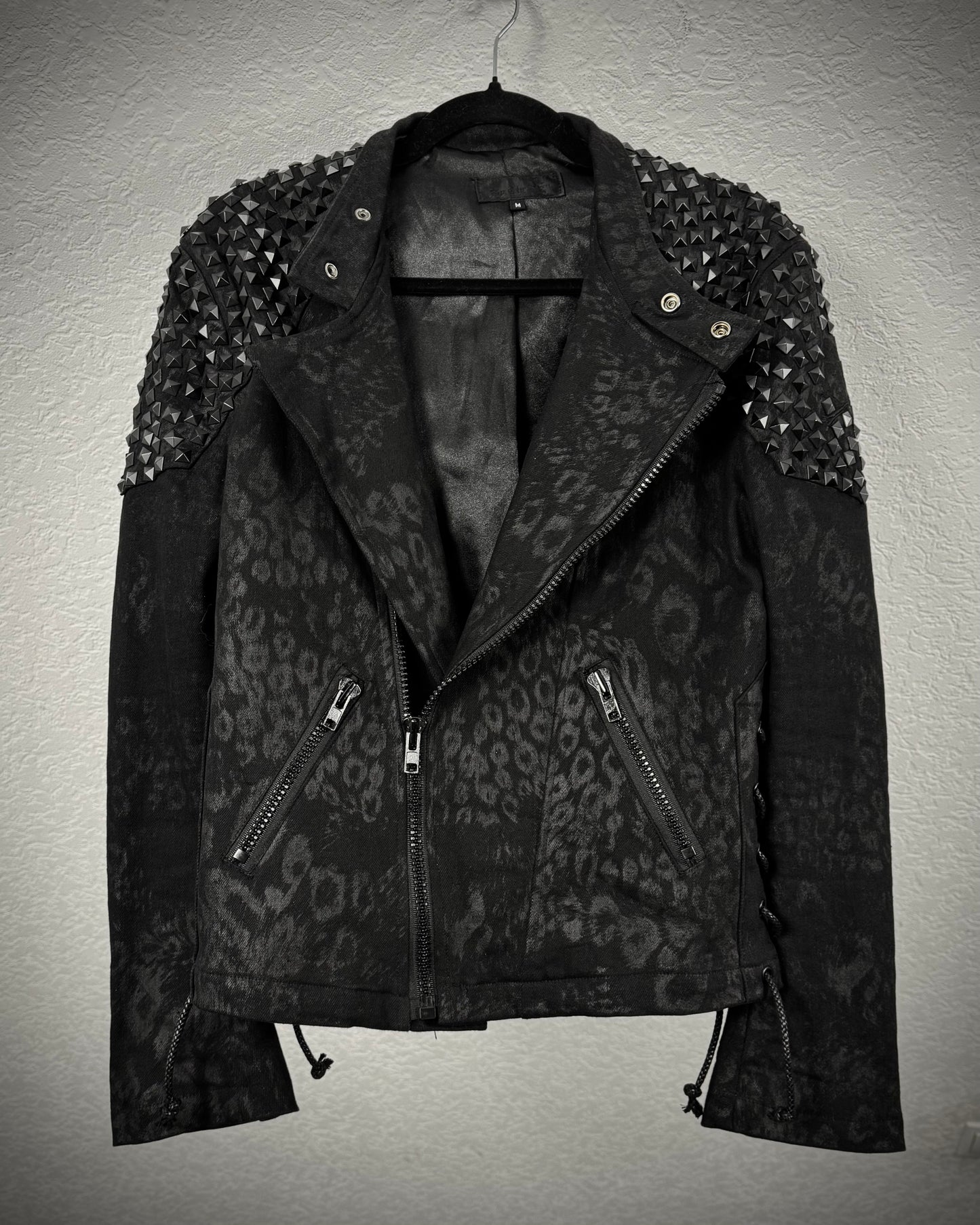 By The R Leopard Waxed Studded Lace Up Biker Jacket